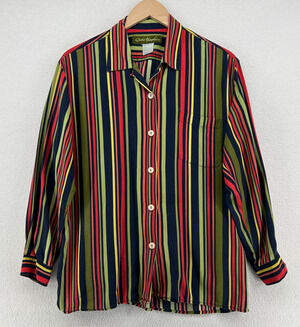 SUSIE TOMPKINS Top M ESPRIT 90s Rayon Striped Shirt Button Up Woven Red VTG HK